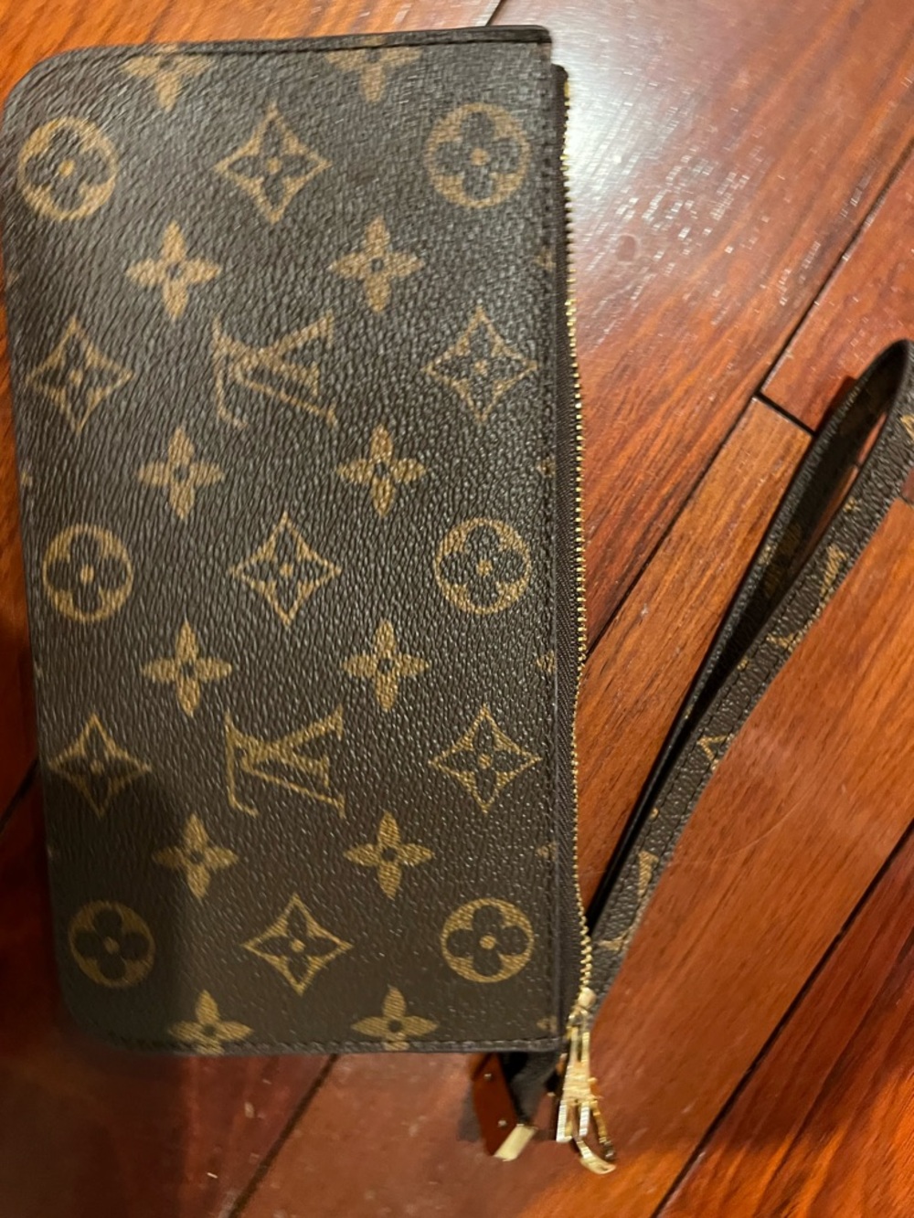 Monogram Zip Wristlet in Brown and Gold-Tone
